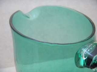 Vintage Blenko Bottle Green Clear Applied Handle Blown Glass Water 