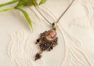 Choco Crystal Vintage ST Antique Gold GP CAMEO pendant necklace n1465 