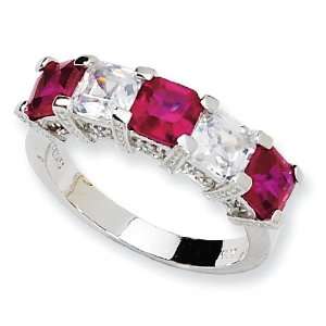  Sterling Silver Asscher cut Synthetic Ruby/CZ 5 stone Ring 