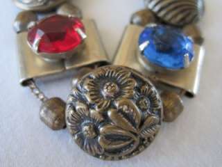 Floral Shell Bronze Copper & Rhinestone Charm Bracelet 7.75  