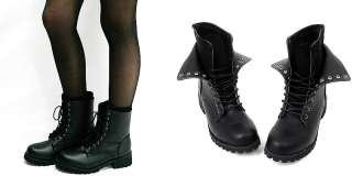 Womens Black Military Double Folded Combat Boots US 6~9  