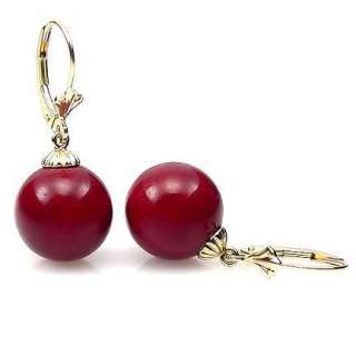 10mm Red Coral Ball Leverback Earrings 14K Yellow Gold  