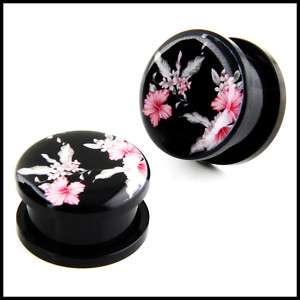 Pair Japanese Flower Acrylic EAR PLUGS GAUGES_PICK SIZE  