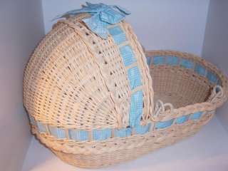   Girl Bitty Baby Moses Wicker Basket/ Bed/Carrier Blue Ribbon w Hood nr