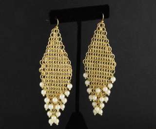 14KT Yellow Gold Ep Faux Pearl & Fringe Chandelier Earrings  