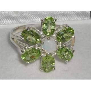 HUGE SOLID SILVER NATURAL OPAL & PERIDOT FLOWER RING  