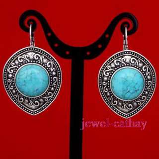 Round Turquoise & Heart Tibet Silver Dangle Earrings  