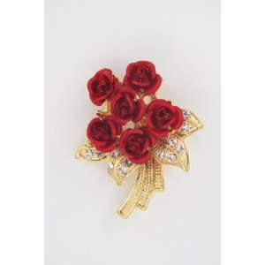   Rose Flower Alloy Crystal Gold Tone Brooch Pin #BR009 