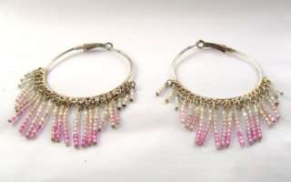 Vintage Earrings Large Hoop Pink Beads Belly Dancer  