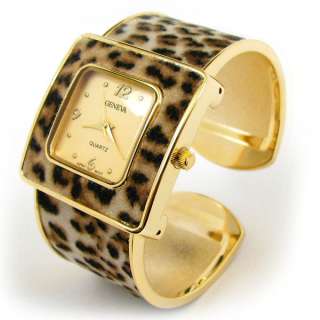 GOLD FAUX LEOPARD SUEDE Square Face Womens Bangle Cuff WATCH  