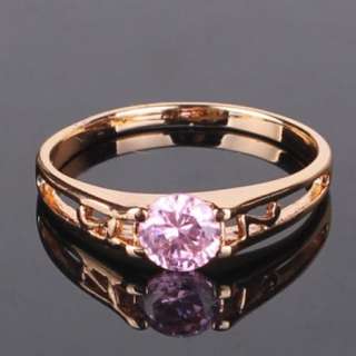 Luxury 18K gold filled round crystal pink sapphire solitaire lady ring 