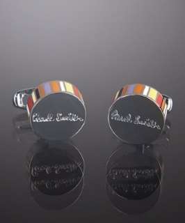 Paul Smith silver multicolor stripe edge round logo cufflinks 