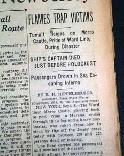   Cruise Ship Fire Disaster1934 Newspaper off coast of New Jersey  