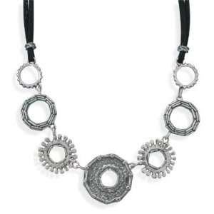  Strand Black Suede Necklace With 7 Oxidized Sterling Silver Multi 