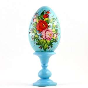   Eggs, Russian Egg, Flowers on Blue Russian Egg, Wooden Hand Painted