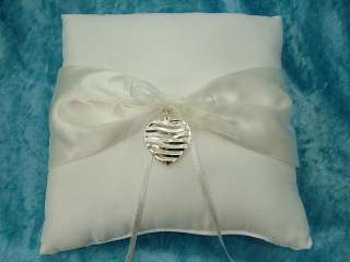 New Ivory Satin Ribbon Ring Bearer Pillow Silver Heart  