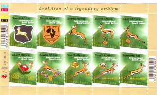   South Africa 2011 Rugby World Cup Springbok emblem Stamp Sheet NHM UMM