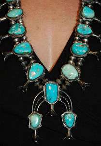   1940s NAVAJO TURQUOISE SQUASH BLOSSOM NECKLACE 296 GRAMS 28  