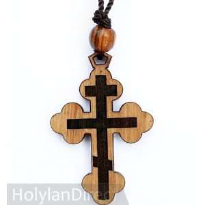  Olive Wood Bottony Cross with Carved Eastern Cross 